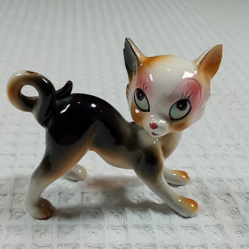 Vintage MCM Ceramic Playful  Cat Figurine - Black and Brown Japan